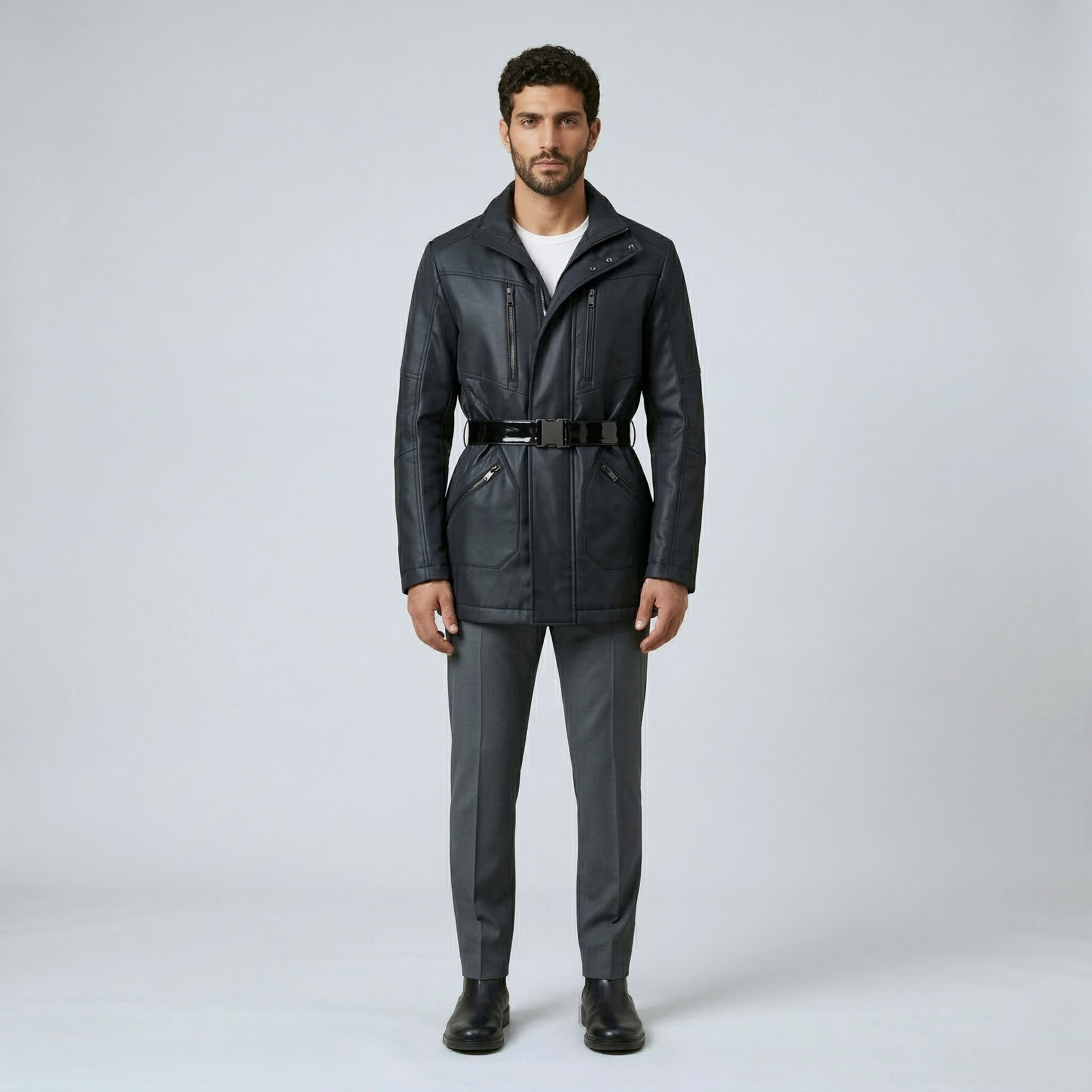 Men's Belted Faux-Leather Jacket