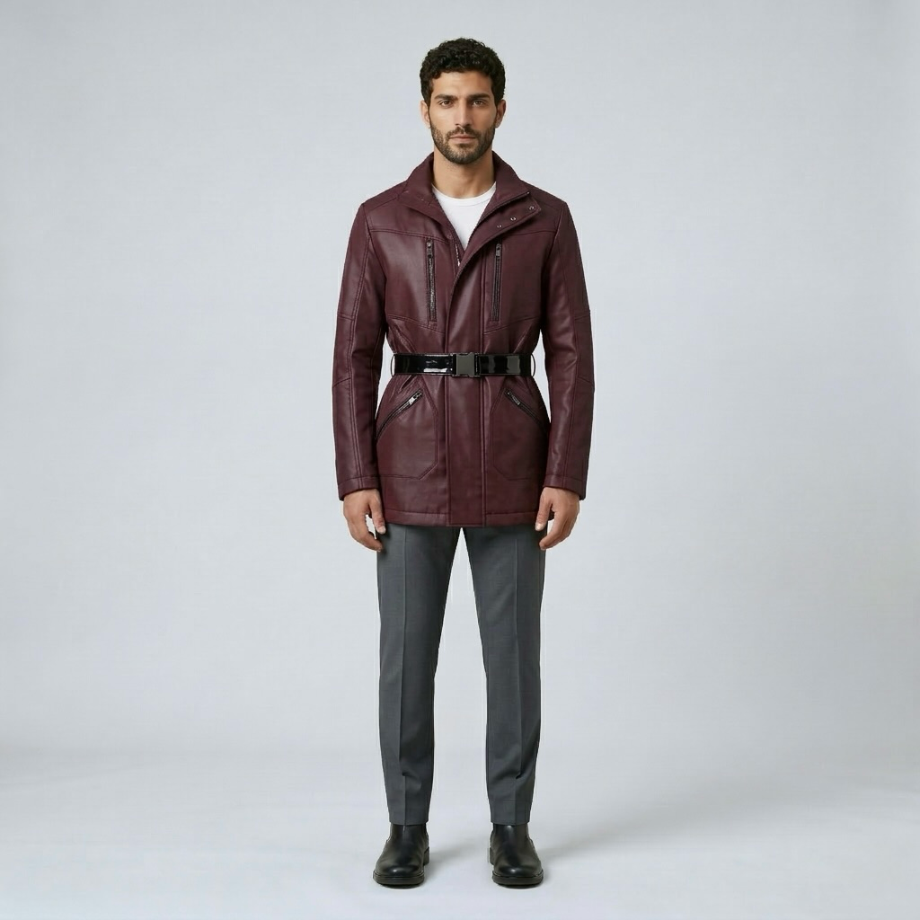 Men's Belted Faux-Leather Jacket