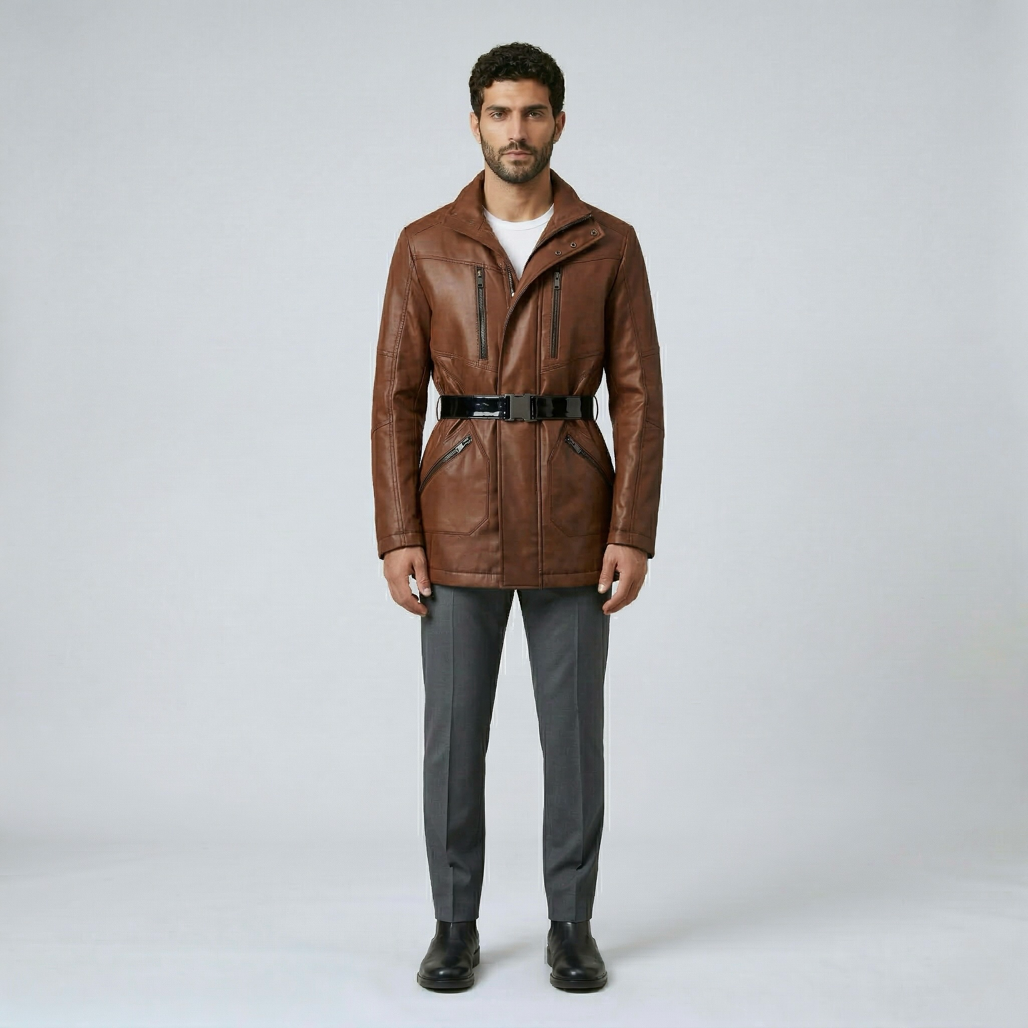 Men's Belted Faux-Leather Jacket