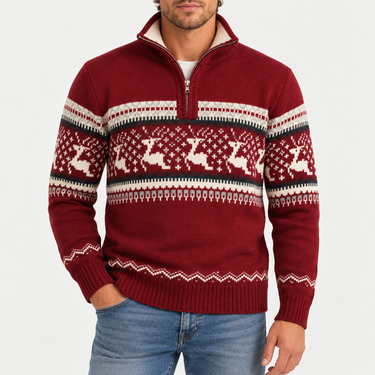 Marlow – Fair Isle Quarter-Zip Christmas Reindeer Sweater