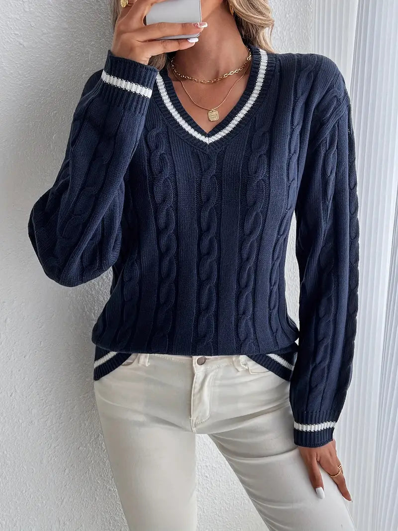 Alison Collection | Women's V-Neck Cable Knit Sweater with Striped Trim | Navy Long Sleeve Sweater for Warmth and Style 0