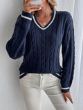 Alison Collection | Women's V-Neck Cable Knit Sweater with Striped Trim | Navy Long Sleeve Sweater for Warmth and Style 0