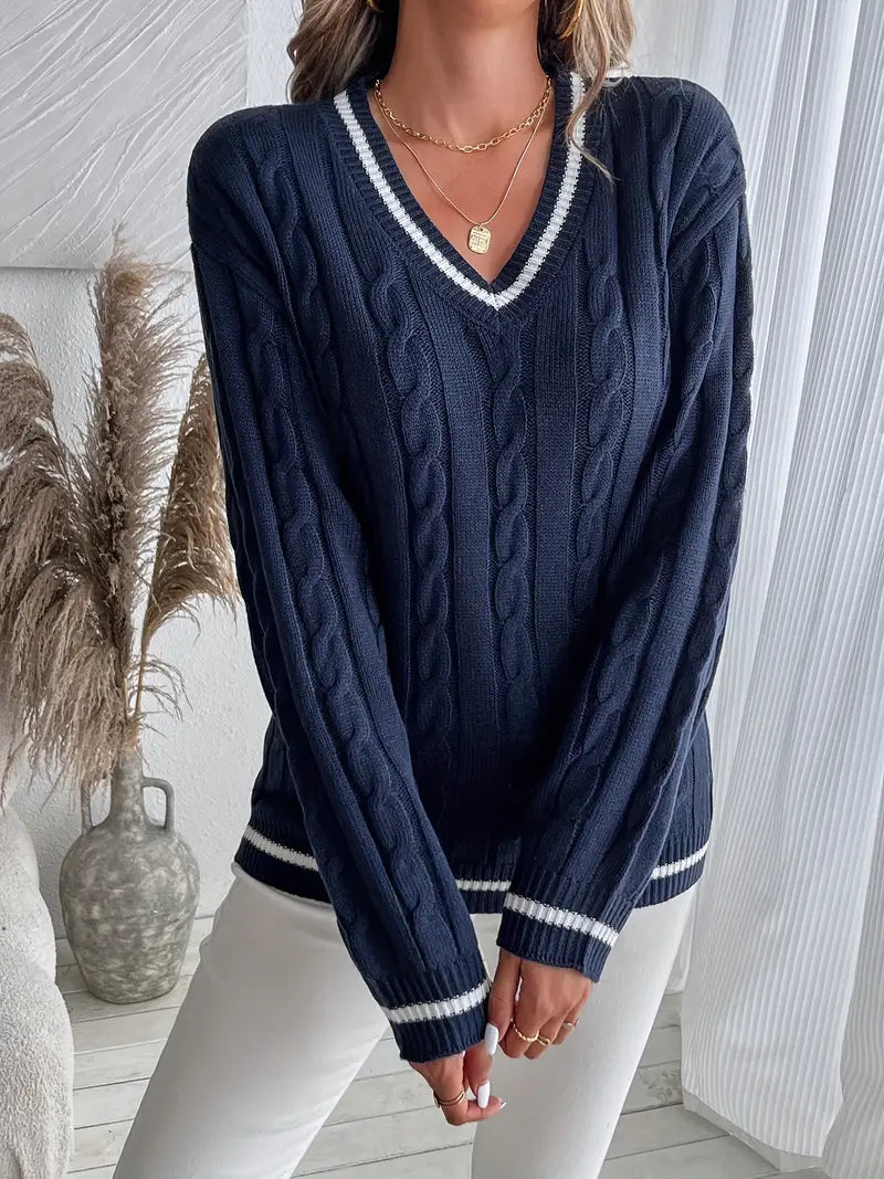 Alison Collection | Women's V-Neck Cable Knit Sweater with Striped Trim | Navy Long Sleeve Sweater for Warmth and Style 1