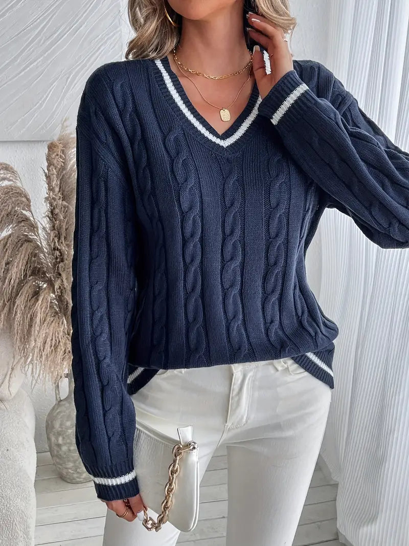 Alison Collection | Women's V-Neck Cable Knit Sweater with Striped Trim | Navy Long Sleeve Sweater for Warmth and Style 3