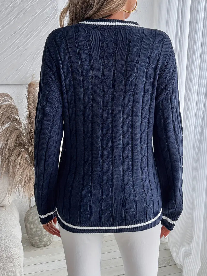 Alison Collection | Women's V-Neck Cable Knit Sweater with Striped Trim | Navy Long Sleeve Sweater for Warmth and Style 4