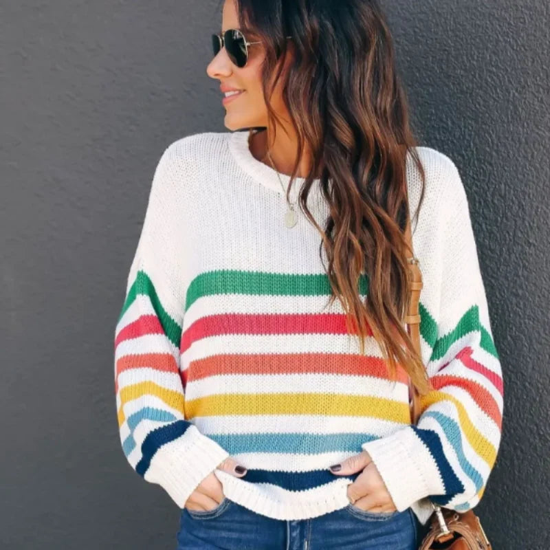 Amber Collection | Women's Cropped Striped Sweater with Ribbed Trim | Relaxed Fit for Casual Comfort 0