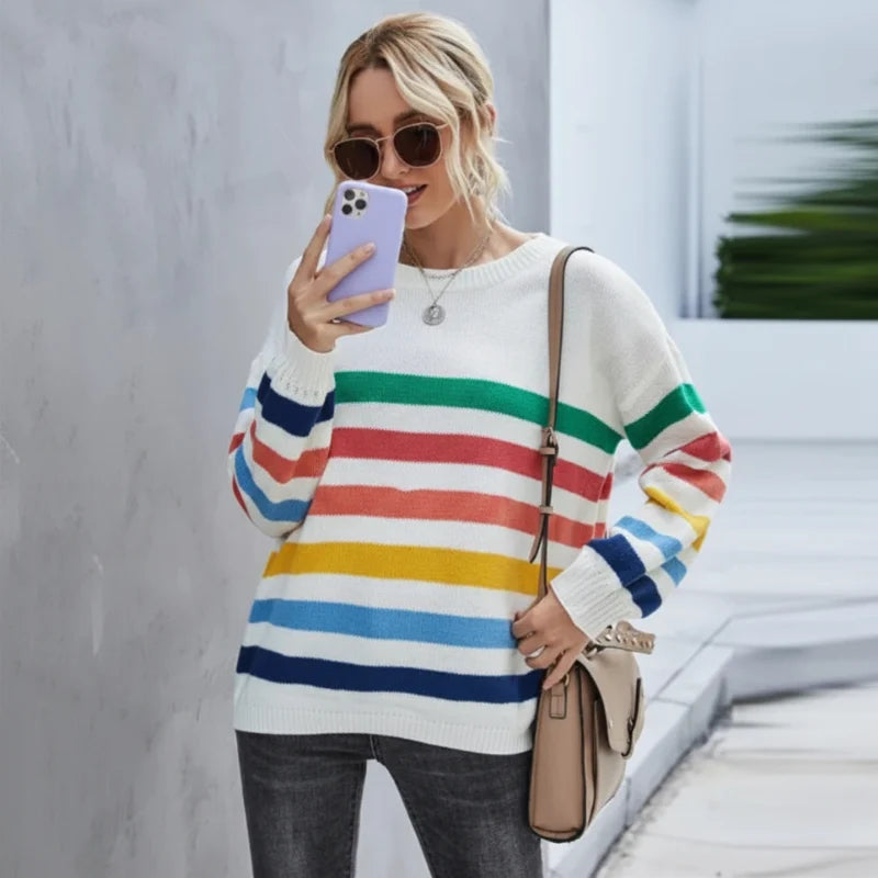 Amber Collection | Women's Cropped Striped Sweater with Ribbed Trim | Relaxed Fit for Casual Comfort 2