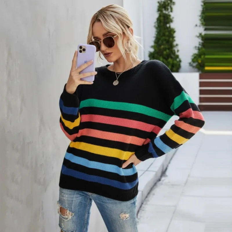 Amber Collection | Women's Cropped Striped Sweater with Ribbed Trim | Relaxed Fit for Casual Comfort 5