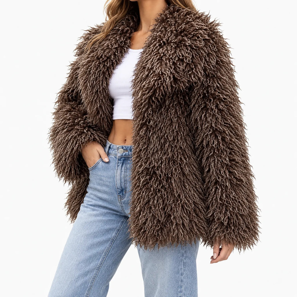 Claudia  - Turn-Down Collar Shaggy Jacket Coat