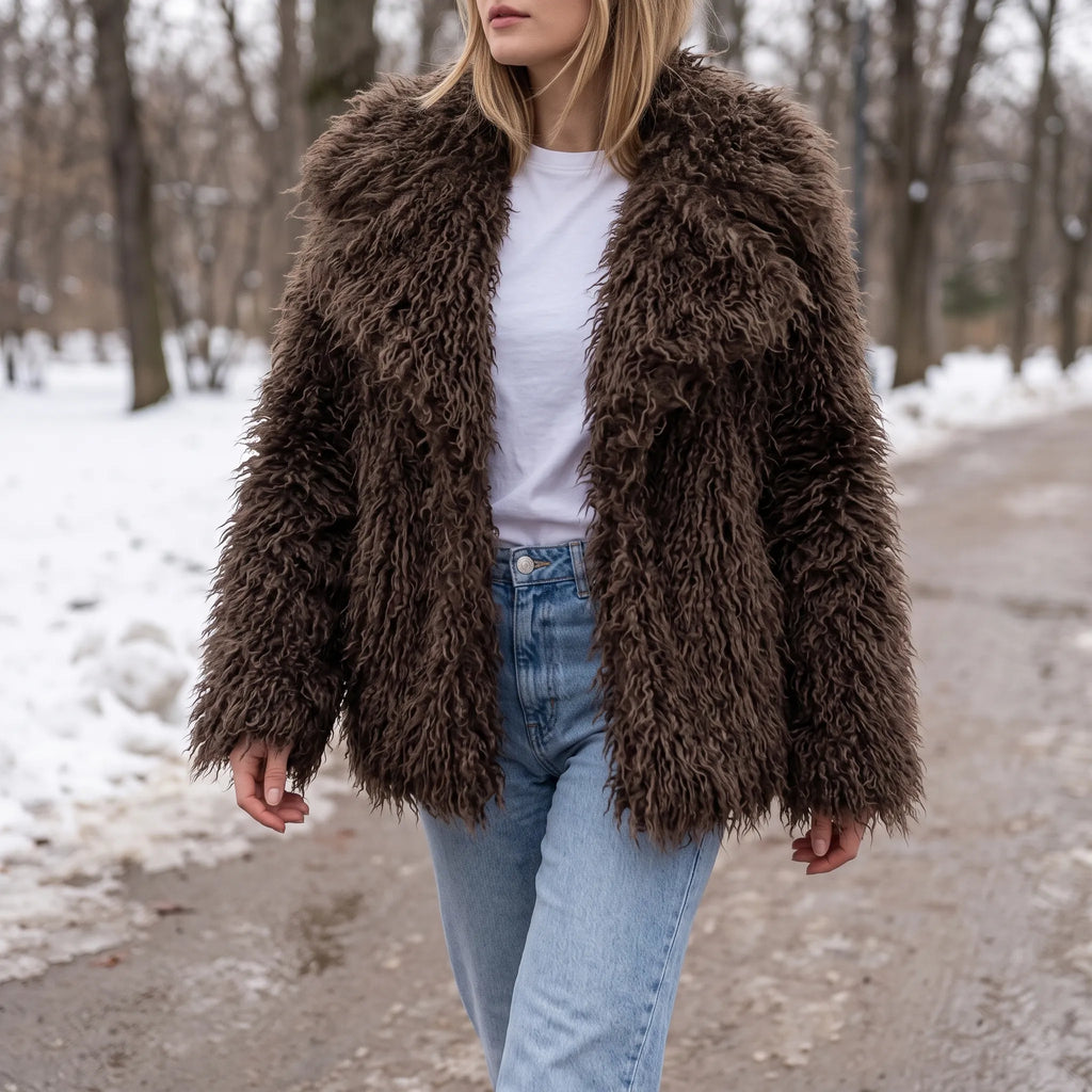 Claudia  - Turn-Down Collar Shaggy Jacket Coat