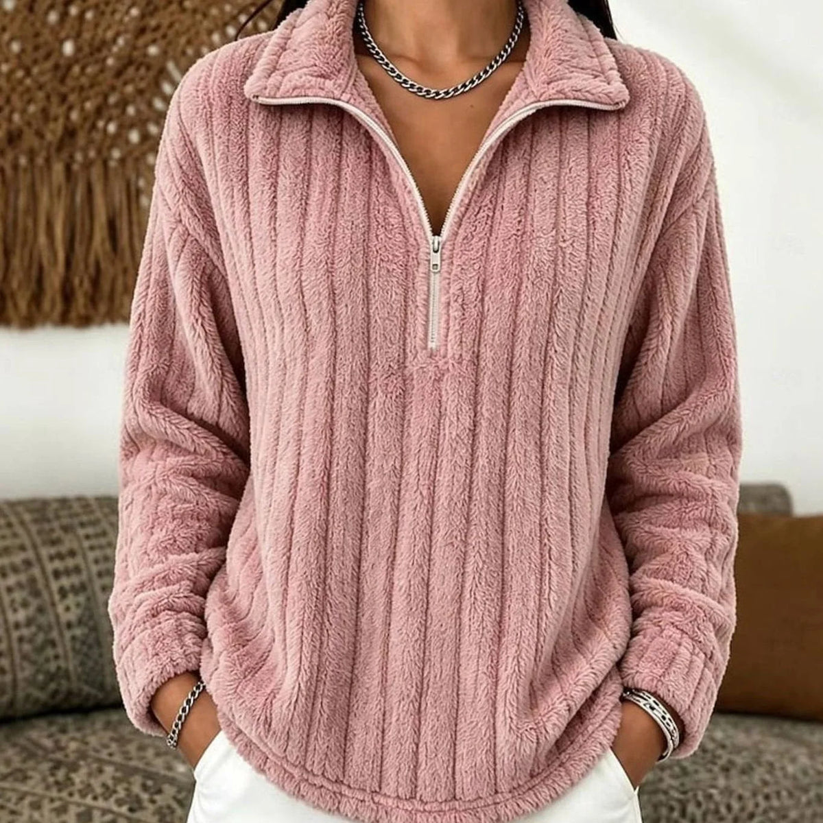 CozyLine | Women's Ribbed Plush Fleece Quarter-Zip Pullover Sweater with Adjustable Collar | Lightweight Warmth for Everyday Comfort 1