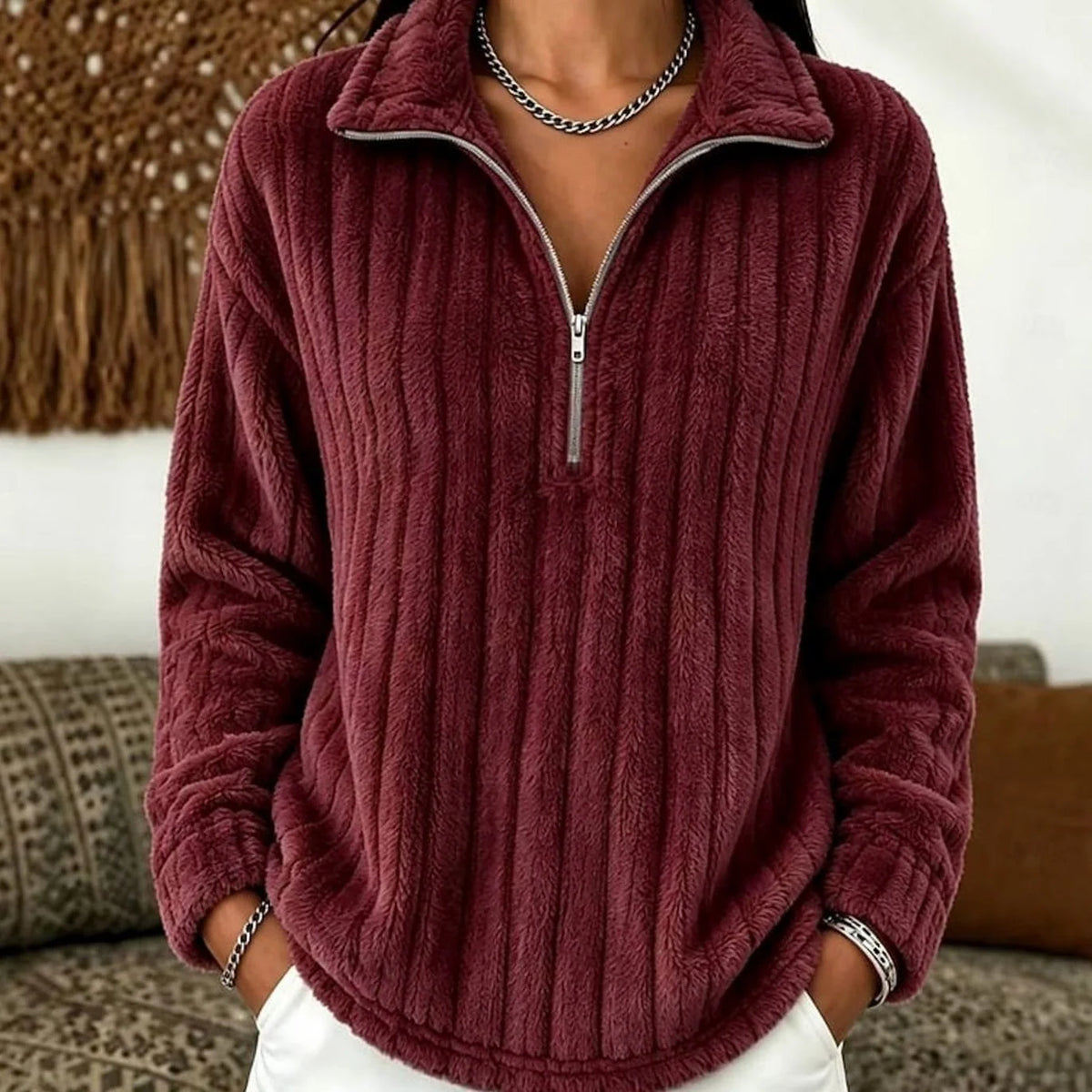 CozyLine | Women's Ribbed Plush Fleece Quarter-Zip Pullover Sweater with Adjustable Collar | Lightweight Warmth for Everyday Comfort 2