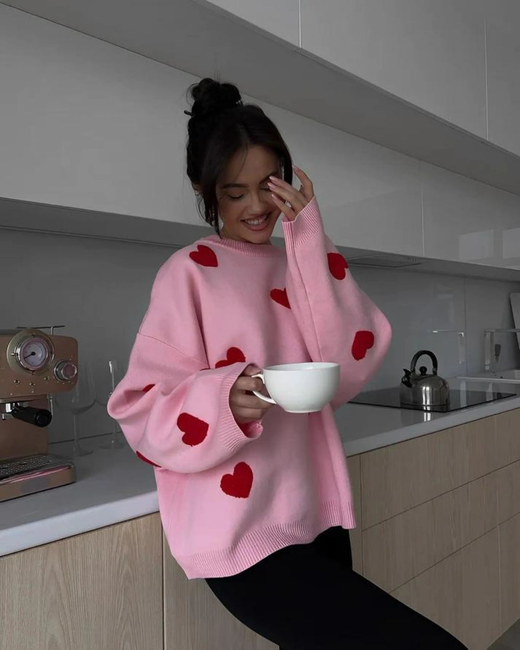 Cozy Collection | Women's Oversized Sweater with Heart Print Design | Relaxed Fit Crewneck for Casual Comfort 5