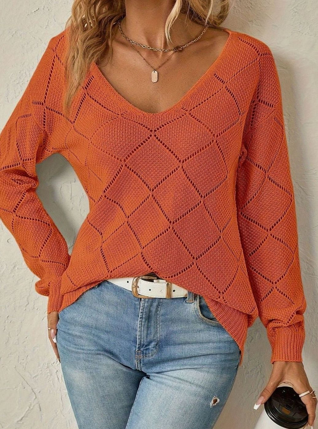 Elegant Knitwear Collection | Women's V-Neck Diamond-Knit Sweater with Openwork Design | Relaxed Fit Layering Top for Everyday Comfort 7