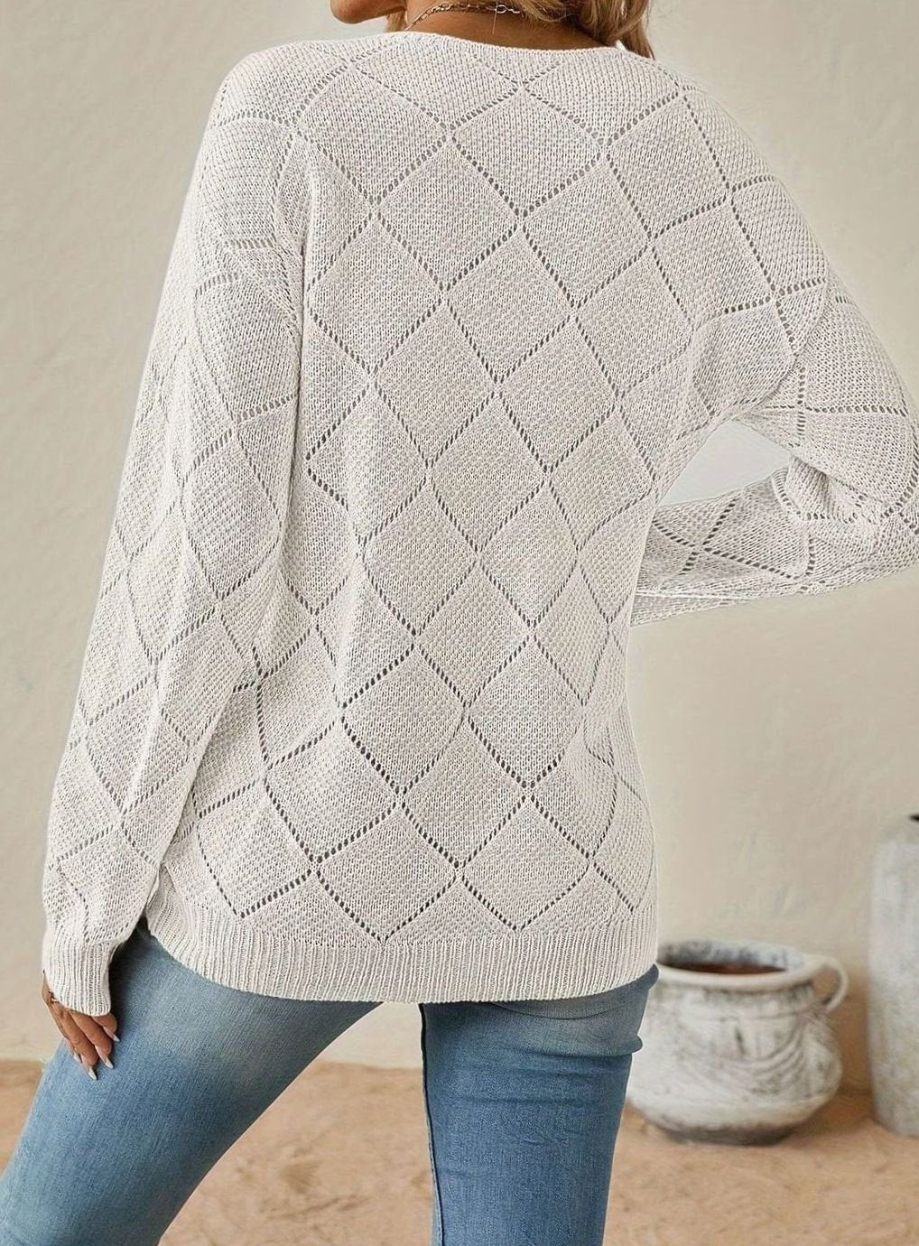 Elegant Knitwear Collection | Women's V-Neck Diamond-Knit Sweater with Openwork Design | Relaxed Fit Layering Top for Everyday Comfort 8