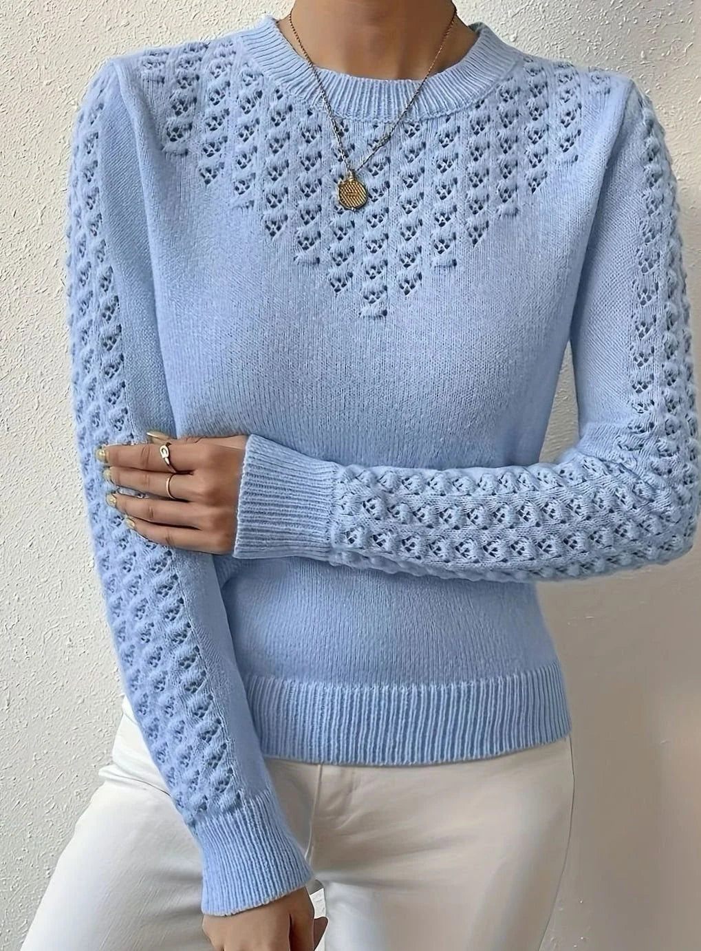 Essence Collection | Women's Pointelle-Knit Sweater with Round Neck | Lightweight Long Sleeve for Versatile Layering 2
