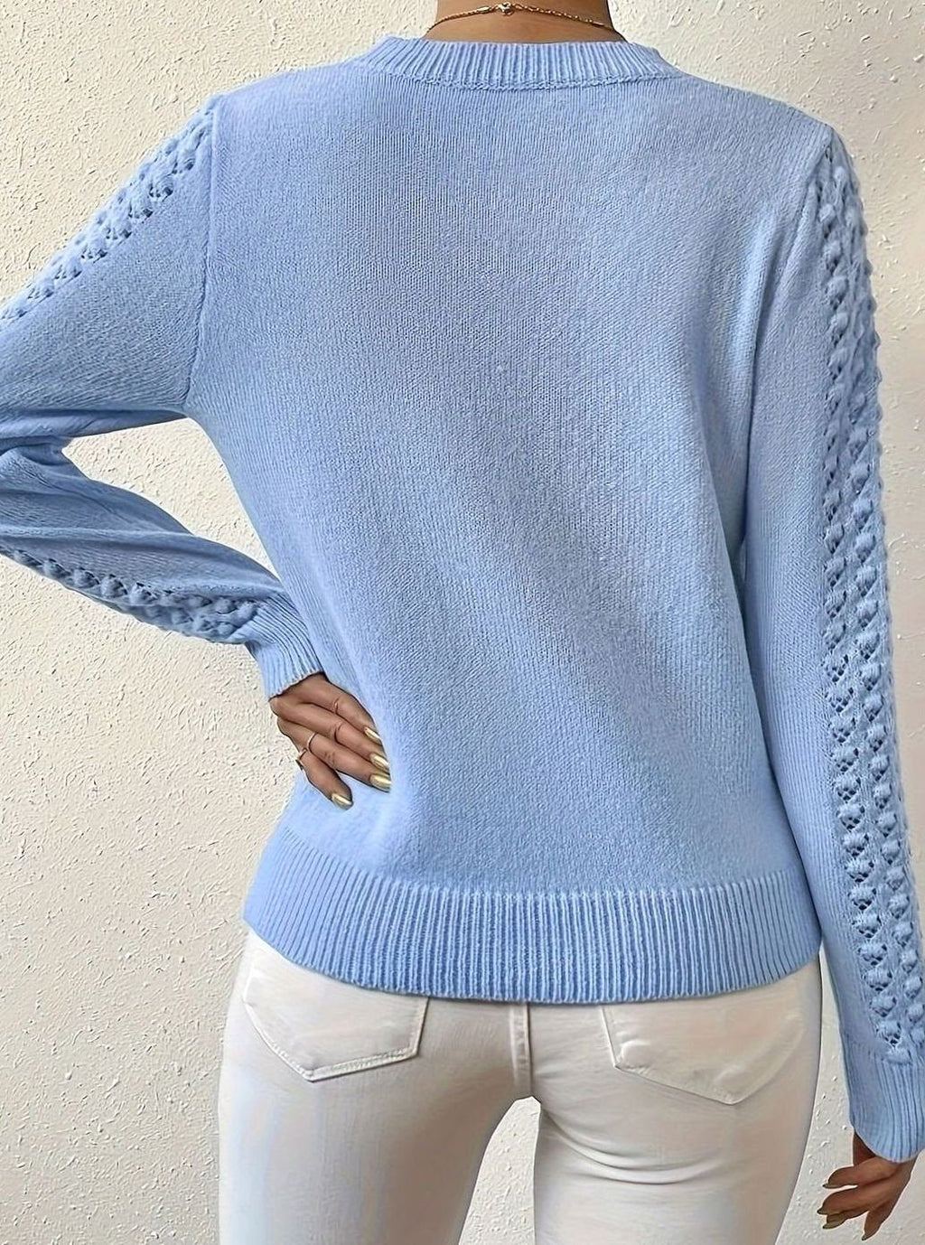 Essence Collection | Women's Pointelle-Knit Sweater with Round Neck | Lightweight Long Sleeve for Versatile Layering 3
