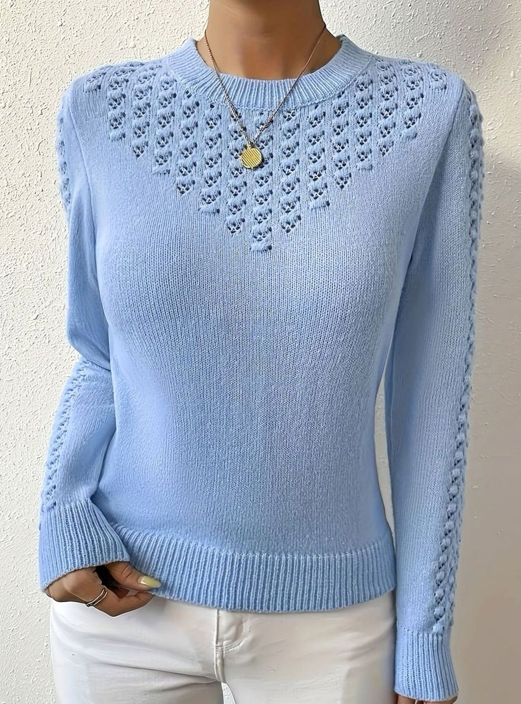 Essence Collection | Women's Pointelle-Knit Sweater with Round Neck | Lightweight Long Sleeve for Versatile Layering 4