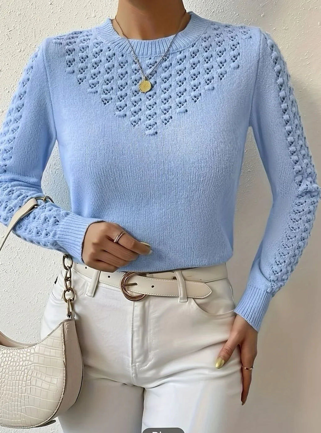 Essence Collection | Women's Pointelle-Knit Sweater with Round Neck | Lightweight Long Sleeve for Versatile Layering 7