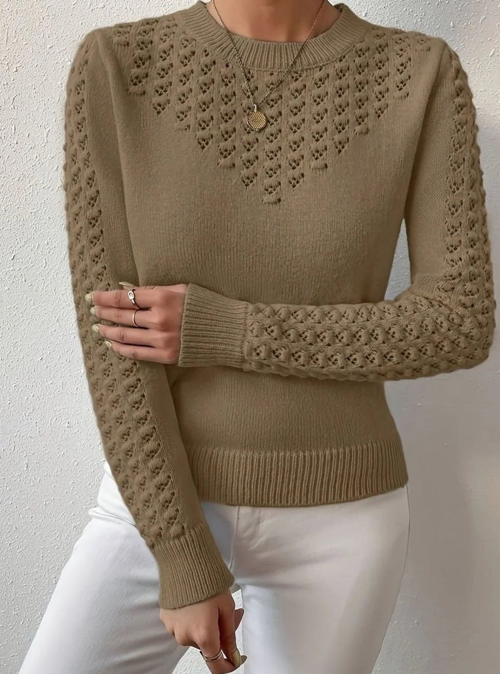 Essence Collection | Women's Pointelle-Knit Sweater with Round Neck | Lightweight Long Sleeve for Versatile Layering 8