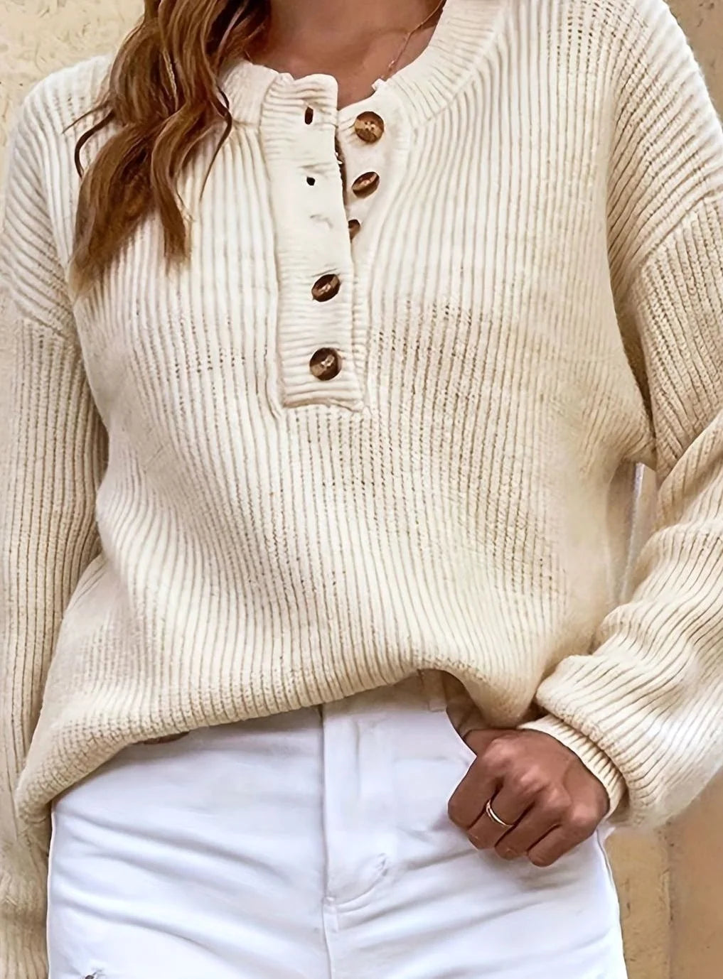 Essence Collection | Women's Ribbed Henley Knit Sweater with Button-Neck Detail | Relaxed Fit for Everyday Comfort 6