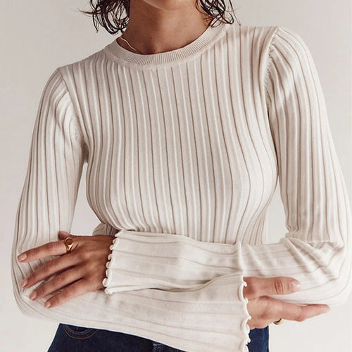Modern Knit Collection | Vertical Striped Knit Sweater with Ruffled Sleeves | Slim Fit Layering Top for Stylish Comfort 0