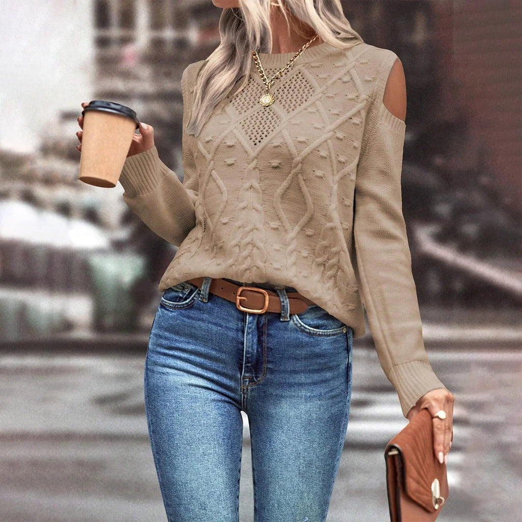 Sage Collection | Women's Cold Shoulder Cable Knit Sweater with Open Knit Detail | Relaxed Fit for Layering and Comfort 0
