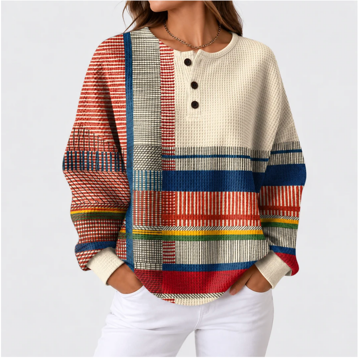 Aslowyn – Colorblock Waffle-Knit Henley Sweater