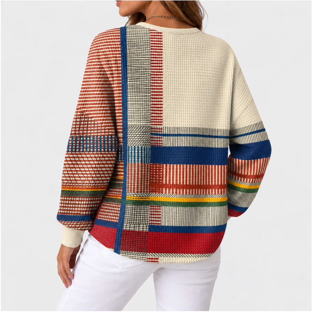 Aslowyn – Colorblock Waffle-Knit Henley Sweater
