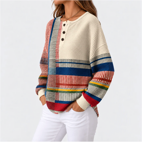 Aslowyn – Colorblock Waffle-Knit Henley Sweater