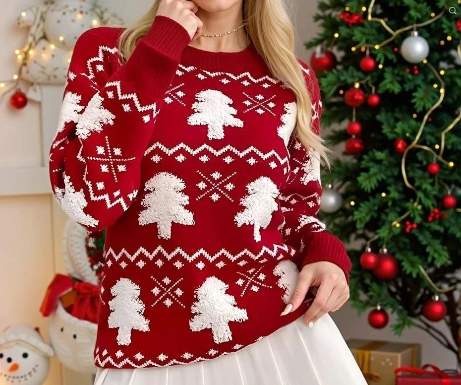 Women's Cotton-Nylon Blend Jacquard Sweater | Cozy Festive Winter Crewneck 2