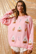 Women's Cotton Blend Winter Crew Neck Sweater | Festive Gingerbread Design Casual Top 0