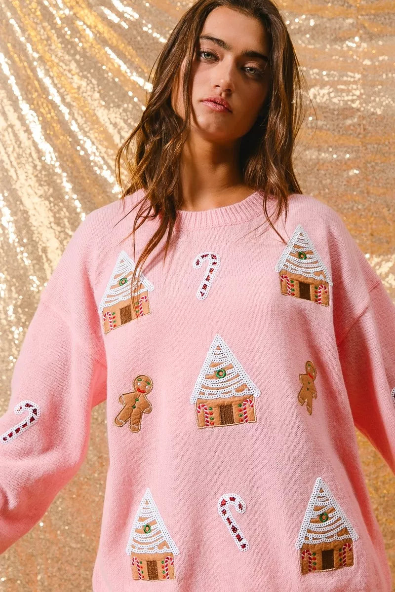 Women's Cotton Blend Winter Crew Neck Sweater | Festive Gingerbread Design Casual Top 1