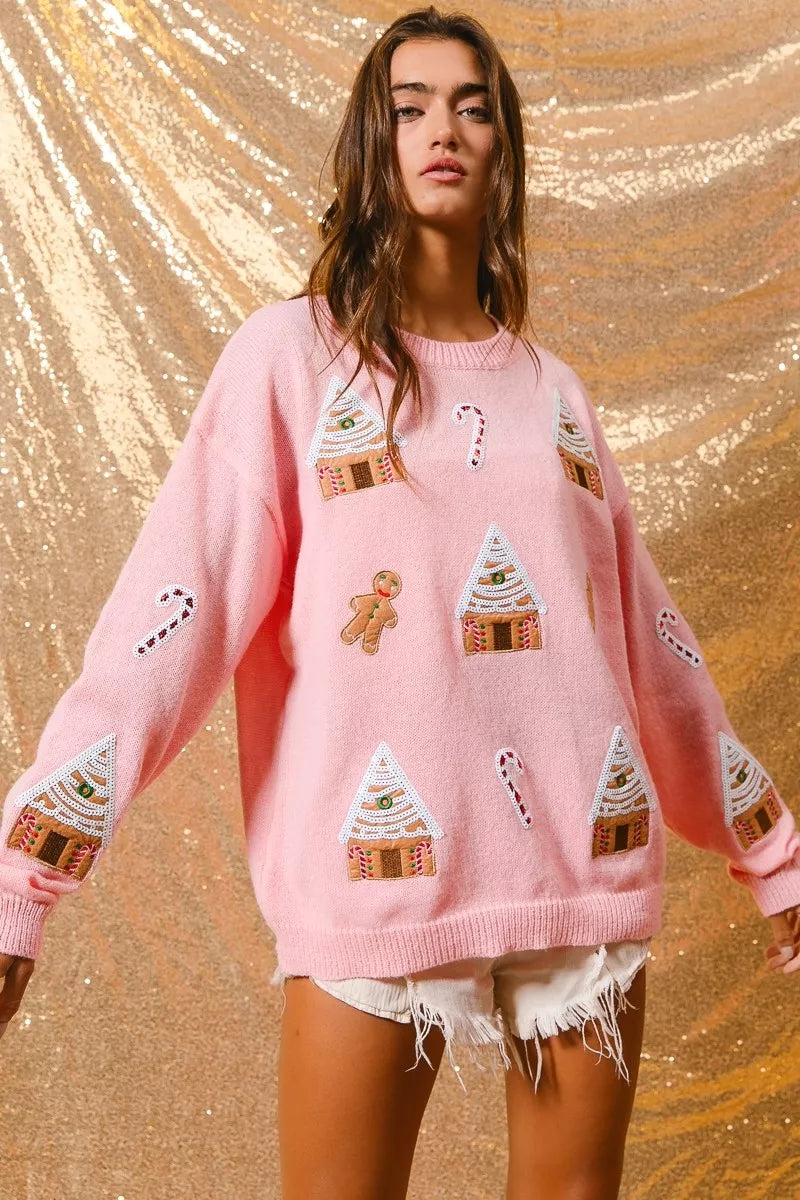 Women's Cotton Blend Winter Crew Neck Sweater | Festive Gingerbread Design Casual Top 2