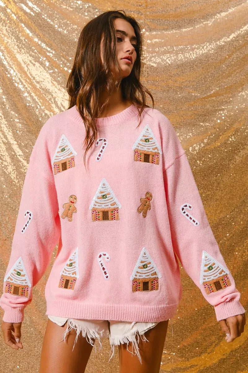 Women's Cotton Blend Winter Crew Neck Sweater | Festive Gingerbread Design Casual Top 3