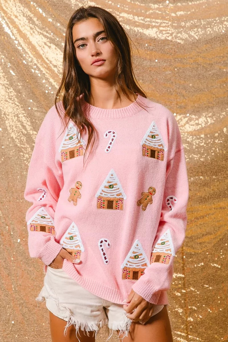 Women's Cotton Blend Winter Crew Neck Sweater | Festive Gingerbread Design Casual Top 4