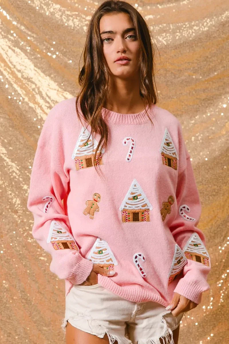 Women's Cotton Blend Winter Crew Neck Sweater | Festive Gingerbread Design Casual Top 6