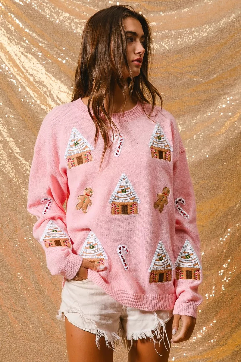 Women's Cotton Blend Winter Crew Neck Sweater | Festive Gingerbread Design Casual Top 8