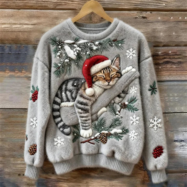 Women's Fleece Knit Christmas Jumper | Cozy Relaxed Fit Sweater with 3D Cat Design 0
