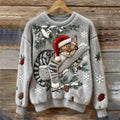 Women's Fleece Knit Christmas Jumper | Cozy Relaxed Fit Sweater with 3D Cat Design 0