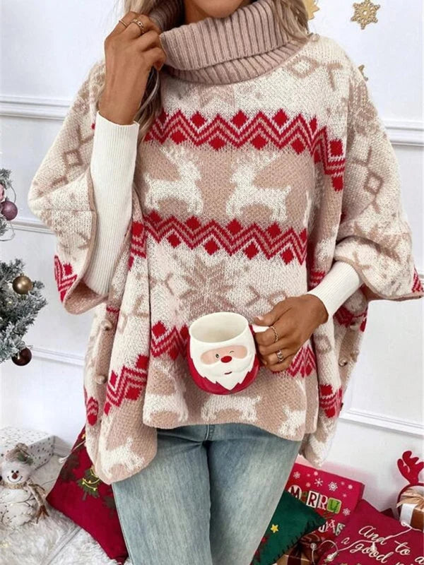 Women's Wool Blend Oversized Turtleneck Sweater | Festive Reindeer Pattern Winter Jumper 1