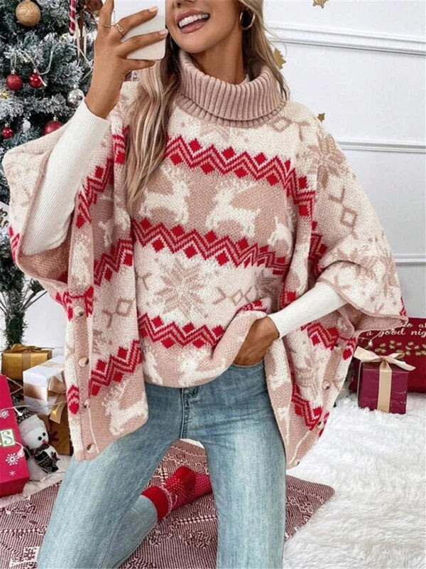 Women's Wool Blend Oversized Turtleneck Sweater | Festive Reindeer Pattern Winter Jumper 3