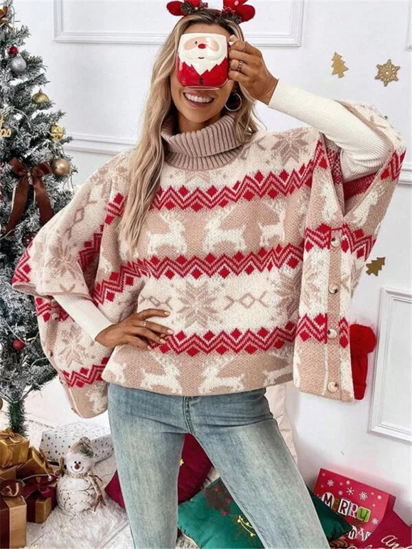 Women's Wool Blend Oversized Turtleneck Sweater | Festive Reindeer Pattern Winter Jumper 4
