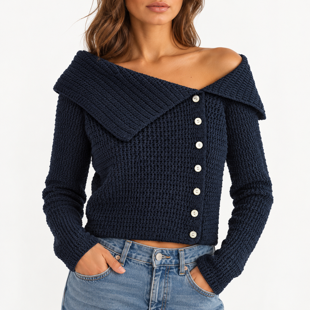 Lucienne – Off-Shoulder Button Knit Sweater