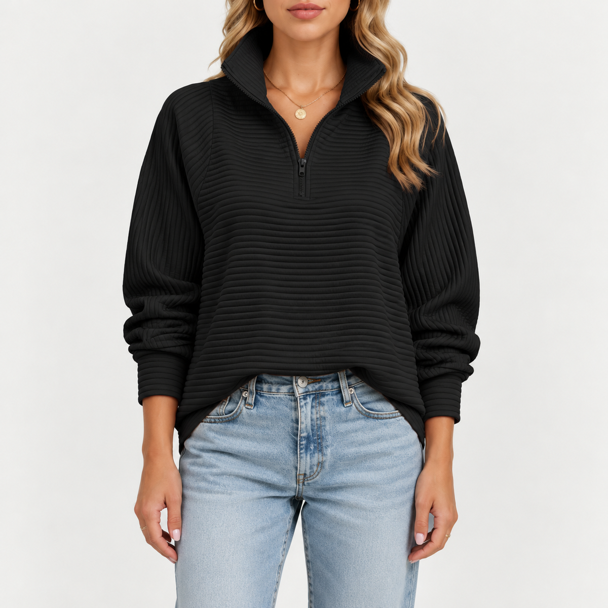 Selene – Quarter-Zip Ribbed Funnel Neck Sweater
