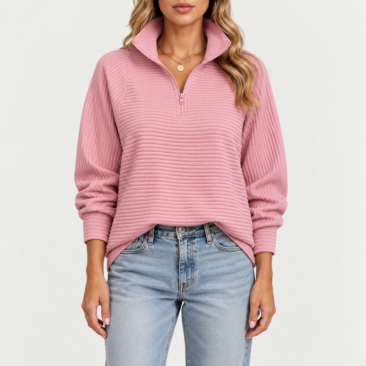 Selene – Quarter-Zip Ribbed Funnel Neck Sweater