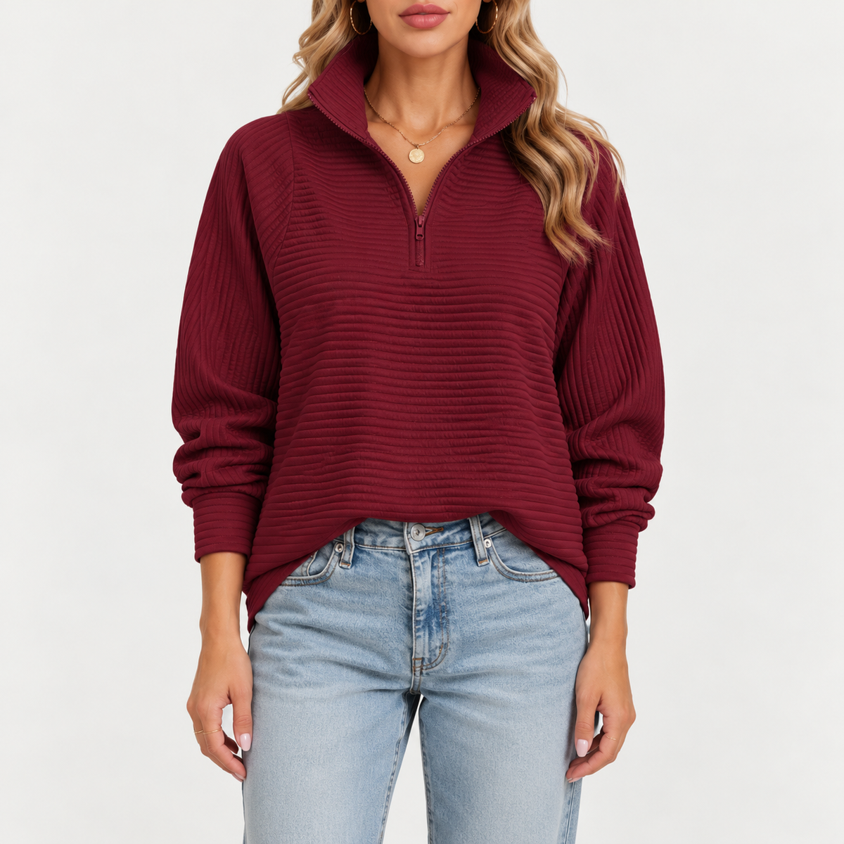 Selene – Quarter-Zip Ribbed Funnel Neck Sweater